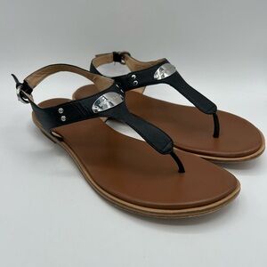 Michael Kors MK Plate Thong Sandals Black with Silver Tone Hardware Size 9.5